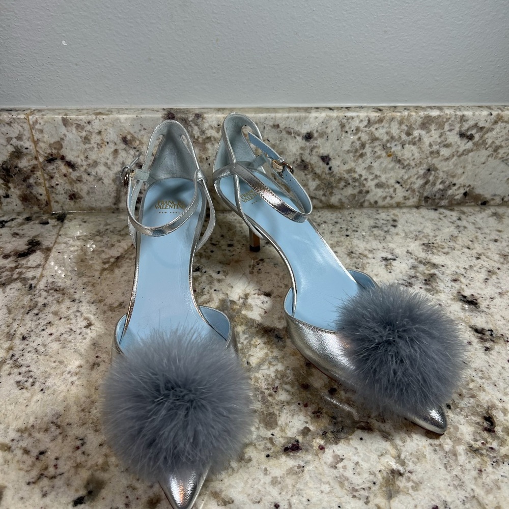 Frances Valentine Willow Mink Fluffy Pom Pom Heels Size 9.5 NEW